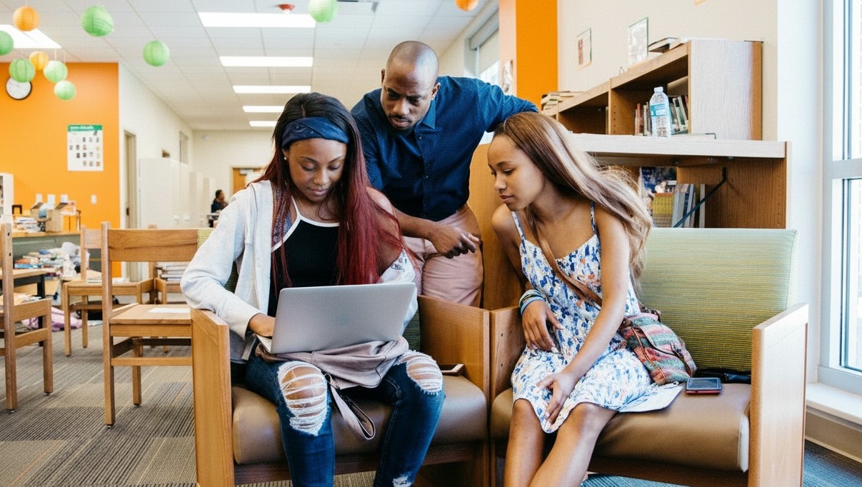 A teacher helps two students in the library.