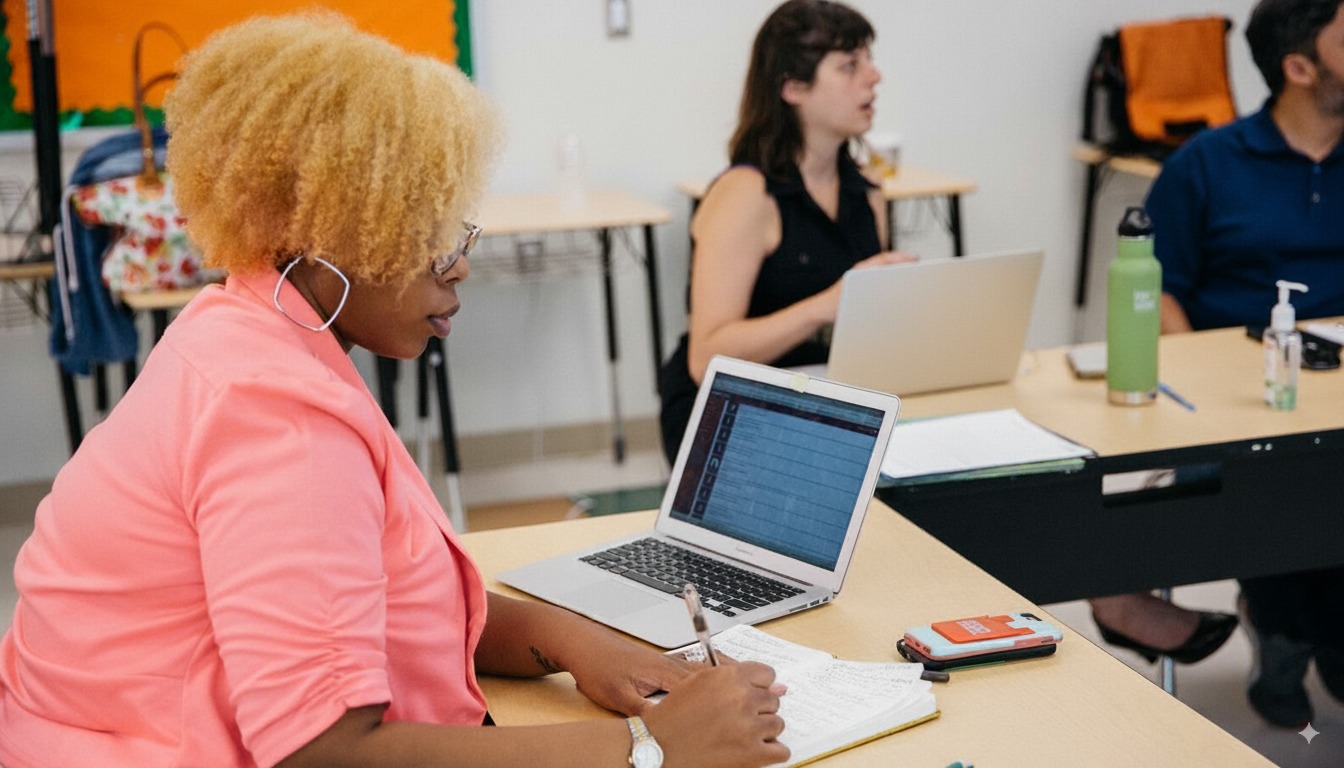 Teachers sit in a room planning.